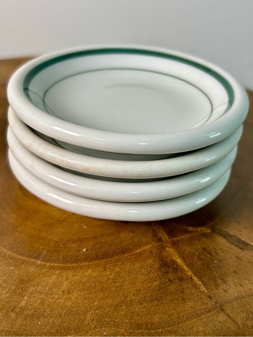 Set of 4 vintage green-striped butter pats (restaurant ware) VTG MCM ironstone
